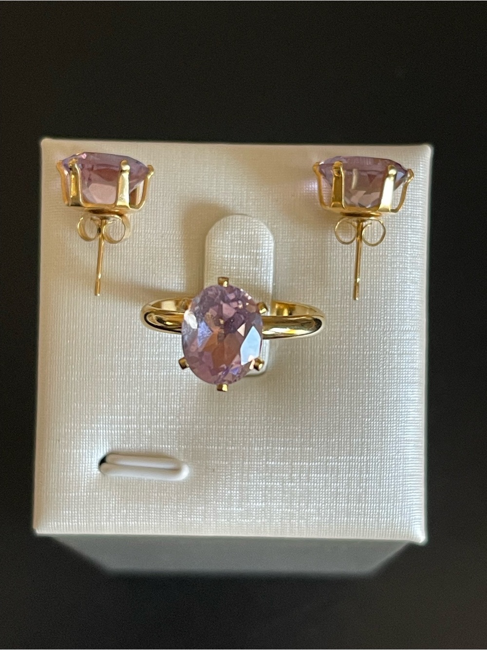 Gold-Plated light purple Oval rhinestone Ring and Stud Earring Set
